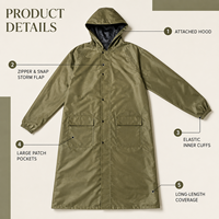 Wasserdichter Langer Regenmantel mit Kapuze Olivgrüner Parka mit Druckknöpfen Outdoor-Regenjacke Winddichter Mantel zum Angeln, Wandern und Camping