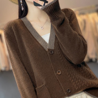 Kardigan Rajut Wanita Elegan Baru 100% Wol Murni, Warna-warni, Hangat, Model V-neck, Laris Manis