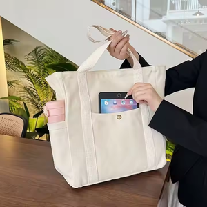 Sac fourre-tout en toile de coton multi-poches avec <span class=keywords><strong>porte</strong></span>-bouteille latéral, poche avant à bouton-pression, grande capacité pour documents A4 - Product Image 3