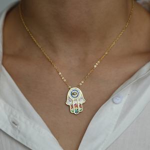 <span class=keywords><strong>Collana</strong></span> <span class=keywords><strong>Fatima</strong></span> a <span class=keywords><strong>mano</strong></span> semplice Hamsa da donna con arcobaleno CZ Multi-Charmed malocchio fortunato stile turco alla moda gioielli in zircone - Product Image 2