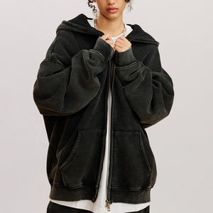 Custom Oversized Vintage Acid Wash Zip up Hoodie Unisex Heavyweight Black Hooded Streetwear Sweatshirt Blank - Product Image 2