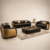 Ensemble de canapés en cuir PU doré Royal Vintage C018, avec sculptures en bois ornées, meubles haut de gamme, salon de réception commercial haut de gamme