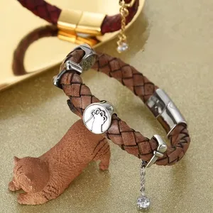 Stainless Steel Bracelets Dog Paws Cat Kitty Charms Beads Genuine Leather Bracelets For Men Women Pets Lover