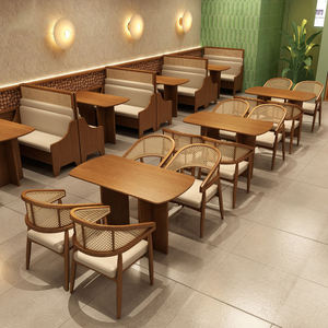 Chaise de salle à manger en bois avec dossier en canne et assise rembourrée en cuir – Chaise de restaurant moderne, mobilier en gros - Product Image 3