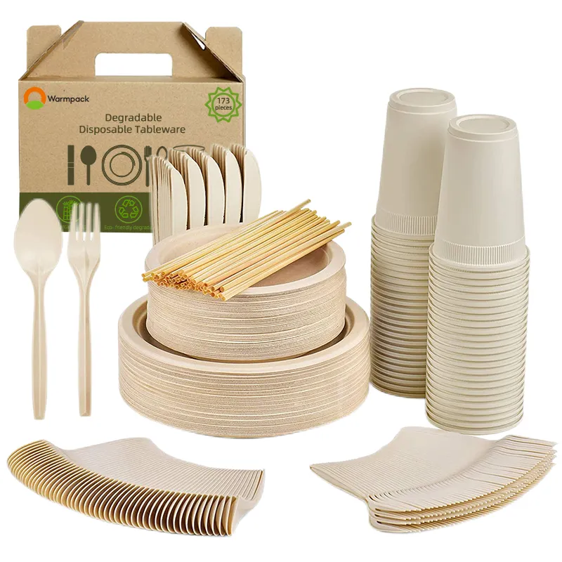 Bruiloft Verjaardag Party Outdoor Leveranties Papier Cup Plaat Mes Vork Biologisch Afbreekbaar Bagasse Wegwerp Servies Servies Set