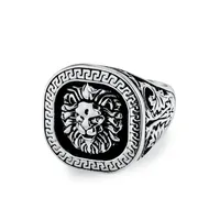 Bague Chevalière Rétro pour Homme en Acier Inoxydable, avec Tête de Lion en Relief et Bordure Gravée Motif Clé Grecque, Bijou de Mode Personnalisé Style Punk
