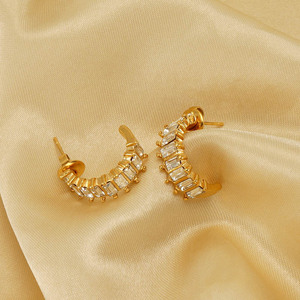 ZOGXIN U-Shaped Stud Earrings Gold 18K Channel Setting Geometric Party Fashion Jewelry - Product Image 4