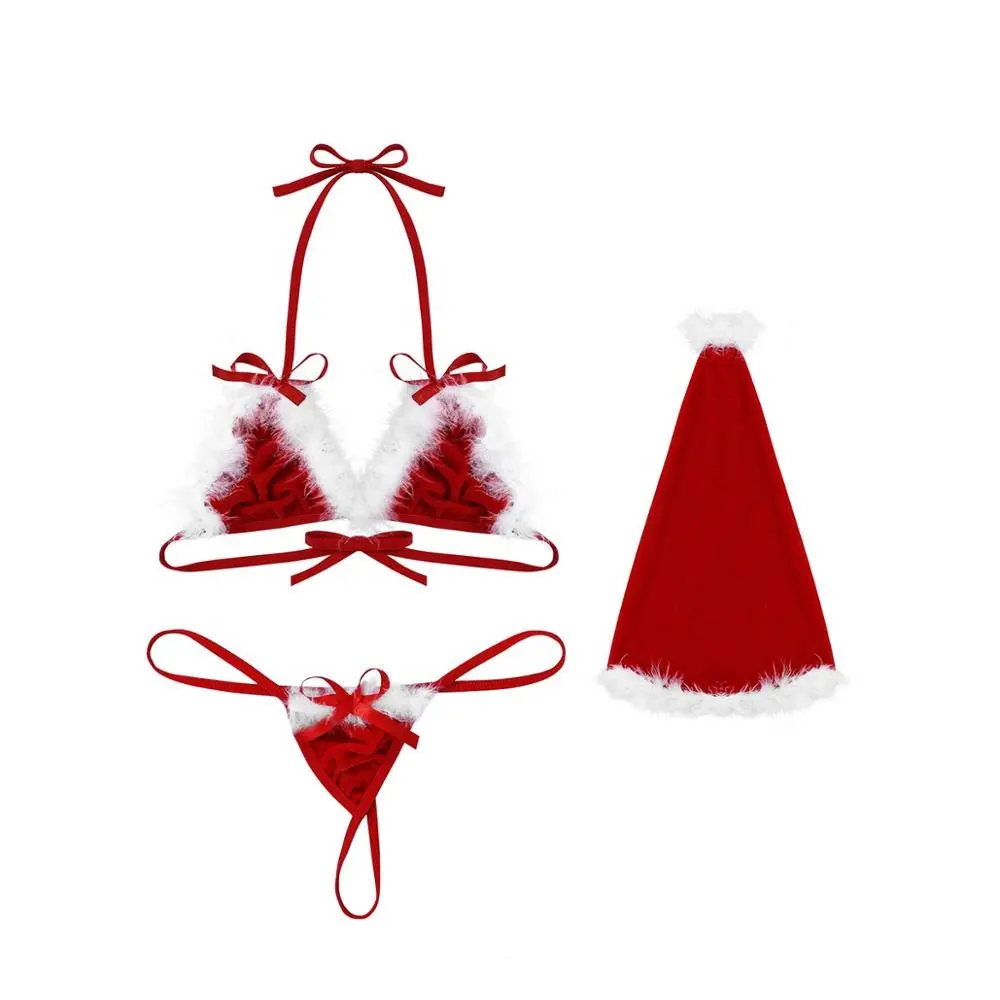 3 Cái Phụ Nữ Mềm Nhung Giáng Sinh Đồ Lót Bra Và Panty Với Hat Red Babydoll Set
