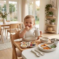Ensemble d'alimentation pour bébé en silicone avec bol en acier inoxydable et ustensiles à manche en bois – Vente en gros