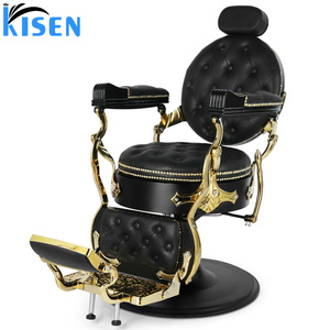 KISEN Black Faux Leather belmont Barber <b>Chair</b> with Gold Frame <b>Reclining</b> Adjustable Footrest Round Base Hydraulic Pump - Product Image 1