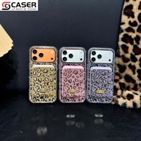 Casing Ponsel Magnetik Motif Leopard Berhias Berlian Imitasi dengan Tempat Kartu Senada, Pelindung Anti Benturan Kristal Berkilau untuk iPhone 12-17Pro Max