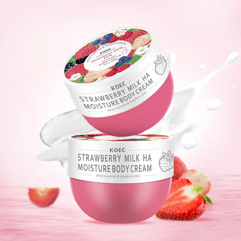 KOEC Erdbeerenmilch Körperlotion Großhandel Hyaluronsäure Körperfeuchtigkeitscreme für Damen und Herren 200 g Hautpflege Aufhellungslotion