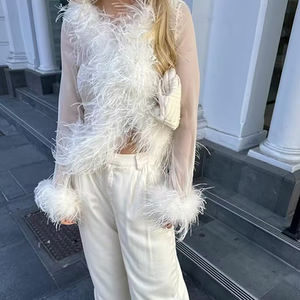 2025 <span class=keywords><strong>donna</strong></span> soffice <span class=keywords><strong>giacca</strong></span> corta di pelliccia di piume Sexy vedi attraverso la maglia estiva <span class=keywords><strong>Cardigan</strong></span> di piume di struzzo - Product Image 2