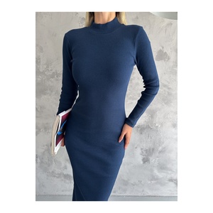 Vestido Largo Ajustado de Punto Acanalado con Cuello Alto para Mujer, Cintura Natural 135 cm, Estilo Modesto - Product Image 5