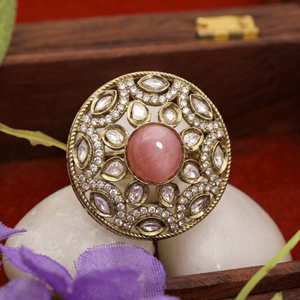 Bague ronde en pierre rose Kundan plaquée or, imitation charme, ajustable, tendance, bijoux ethniques pour femmes - Product Image 4