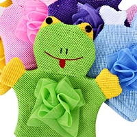 Gants de bain double usage pour enfants, motif animaux de dessin animé, en maille moussante, en polyester, vente en gros, 16 couleurs, directement de l'usine
