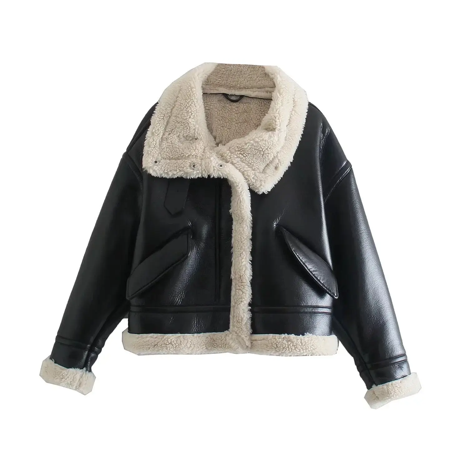 2023 spring Autumn Faux Lamb Female Thickness Sheepskin Loose Leather Jacket with Belt Outwear