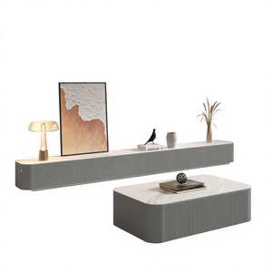 Ensemble moderne de meuble TV réglable et table basse en bois massif, compatible avec les téléviseurs de 65 pouces et plus, blanc, pour salon - Product Image 3