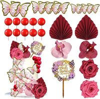 Décorations de gâteau d'anniversaire Papillon Fleur, Ensemble de boules de gâteau Joyeux Anniversaire, Décorations de gâteau Rose Orchidée Éventail, Fournitures de fête, Décoration de gâteau