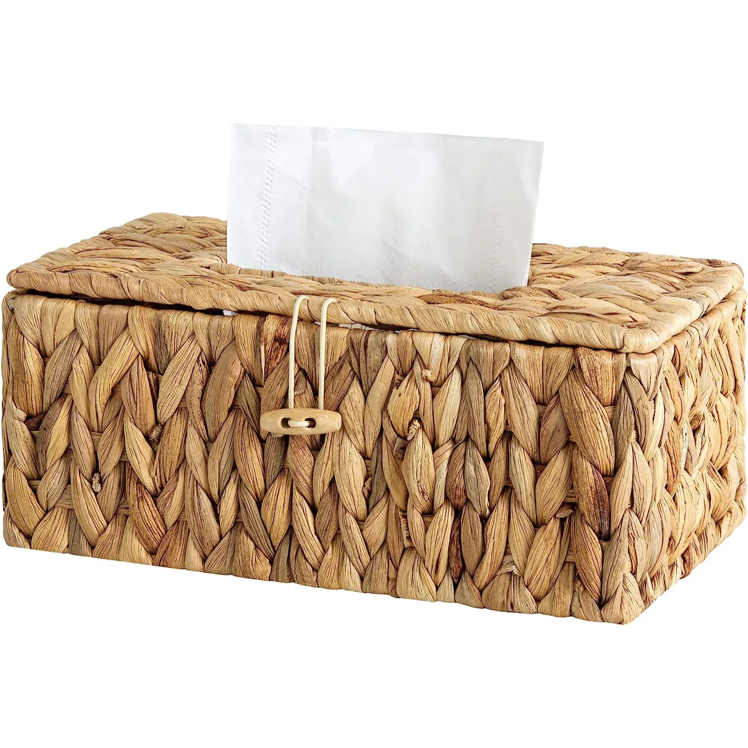 Servilletero de mimbre, cubierta de caja de pañuelos de jacinto de agua, soporte de caja de pañuelos tejido a mano con tapa,
