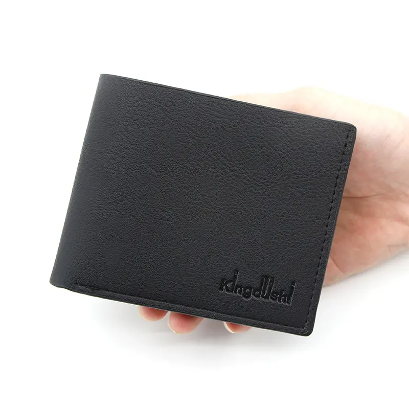 Billetera de cuero sintético minimalista para hombre, billetera pequeña de gran capacidad con logotipo aleatorio, barata