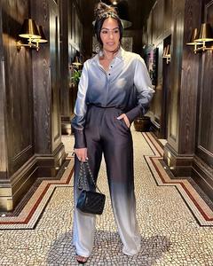 Setelan 2 potong untuk wanita, kemeja lengan panjang motif gradien + celana panjang kaki lebar kasual modis - Product Image 2