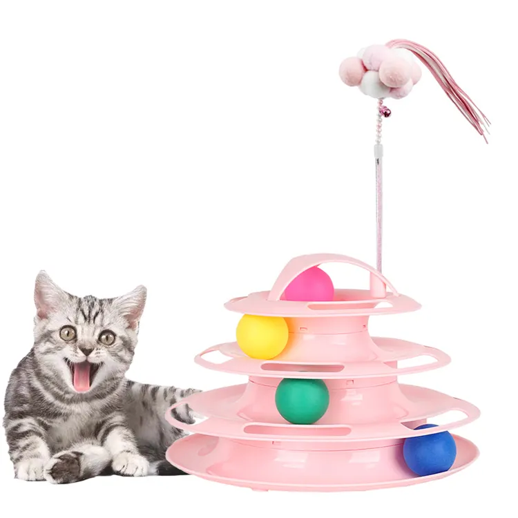Grappig 4 Lagen Interactieve Draaitafel Cirkel Spoor Plastic Schijf Moving Ballen Huisdier Kitten Toren Kat Speelgoed