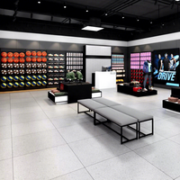 Présentoir d'agencement intérieur pour magasin de sport, pour raquettes de tennis, balles et chaussures