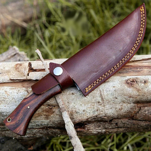 Couteau de camping et de bushcraft artisanal sur mesure en acier au carbone de qualité industrielle, lame à pointe tombante, manche en bois, étui en cuir, OEM, manche pleine longueur - Product Image 4