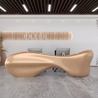 Bureau de réception extensible rose de luxe moderne avec structure en acier inoxydable doré |   Comptoir d'accueil pour hôtel, centre commercial, salon de beauté et spa