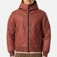 Veste en cuir véritable à capuche, style vintage, couleur rouge brique, avec logo OEM personnalisé, effet vieilli, fermeture éclair intégrale, veste bomber pour homme en cuir véritable