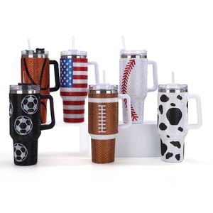 Customizable Portable Stainless Steel Insulated Bling Rhinestone Cow Print 40Oz Mug Cups Tumbler With Handle and <b>Straw</b> - Product Image 2