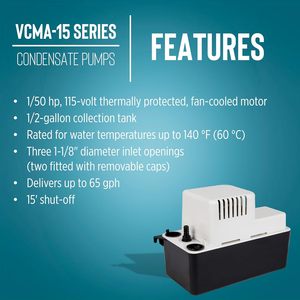 Bomba de Eliminación de Condensado Little Giant 115V 65 GPH Automática para HVAC y Refrigeración Anticorrosión - Product Image 4