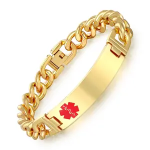 Custom Emergency Medical Symbol Curved Bracelet for Men Women Curb Chain PVD Gold Plated Stainless Steel Medical Alert Bracelet
