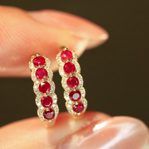 Aazuo, joyería de lujo de 18 quilates, oro amarillo macizo, rubí natural, diamantes reales, pendientes con gancho de flor a la moda, regalo para damas, uso diario - Product Image 2