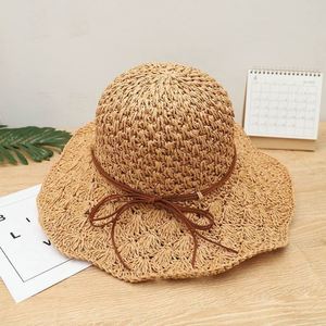 Bow Foldable Sun <b>Hat</b> Seaside Beach Sunscreen Large Brim <b>Hat</b> Handmade Crochet <b>Straw</b> <b>Hat</b> for Spring and Summer - Product Image 1