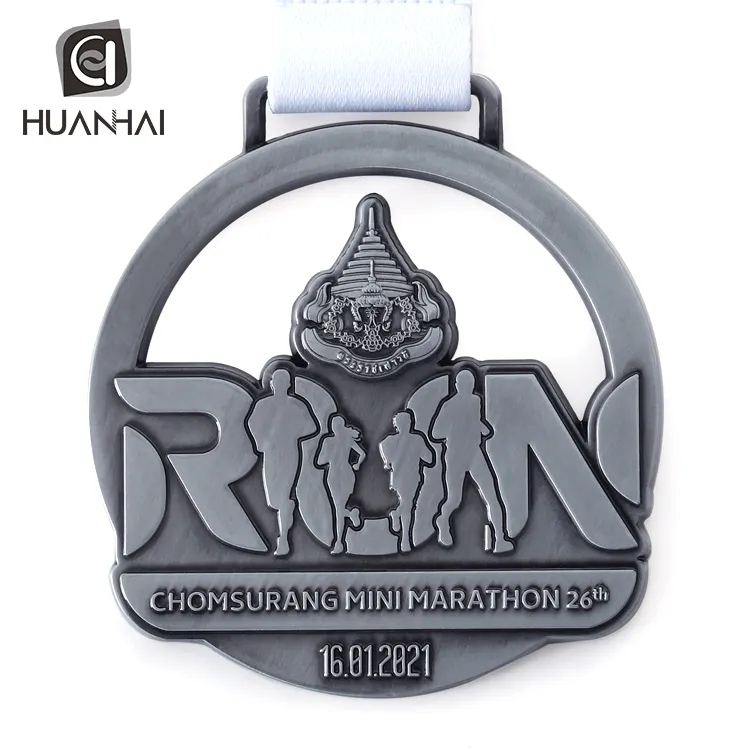 custom brushed silver logo raised Thailand mini marathon metal medal with ribbon