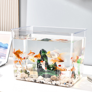 Transparent Plastic Fish Tank 38x27x29cm Rectangle Desktop Aquarium For Goldfish And Betta With Decorative Rocks And Plants - Product Image 1