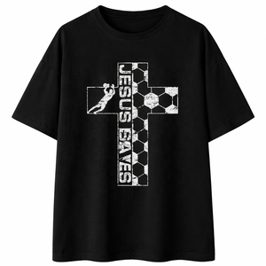 T-shirt personnalisé drôle « Jésus sauve le gardien de but », T-shirt graphique <span class=keywords><strong>en</strong></span> coton vieilli coupe oversize, haut décontracté pour supporter chrétien de football pour le jour du match - Product Image 4