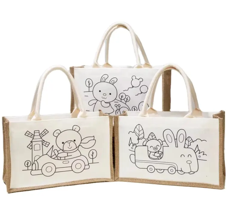 Bolsa de compras de lona pintada a mano con grafiti reutilizable personalizada, imagen de dibujos animados de animales pequeños, bolsa de lona de algodón