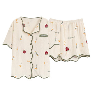 Pijama de verano con patrón floral para mujer, conjunto de ropa de casa dulce con almohadilla de <span class=keywords><strong>pecho</strong></span> de manga corta - Product Image 2