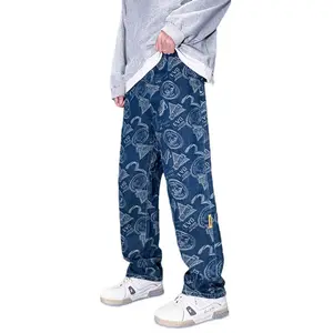 AIPA กางเกงผ้ายืดสีฟ้าสำหรับผู้ชาย,กางเกงลายดอกไม้สไตล์คาวบอยทรงตรงขากว้างผลิตจากโรงงานประเทศจีน
