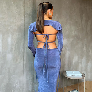 Conjunto de tres piezas de terciopelo para mujer, sin tirantes, manga larga, espalda descubierta, color sólido, traje informal transpirable FD9631 - Product Image 4