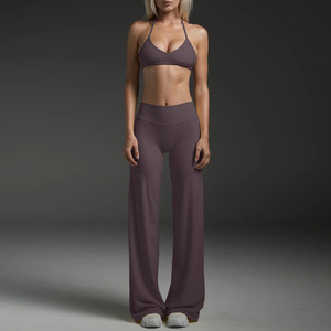 Completo Yoga da Donna 2 Pezzi: <span class=keywords><strong>Reggiseno</strong></span> <span class=keywords><strong>Sportivo</strong></span> con Scollo a V e Pantaloni a Vita Alta a Gamba Larga, Elasticizzati in 4 Direzioni, Traspiranti, Asciugatura Rapida, Leggeri - Offerta Speciale - Product Image 4