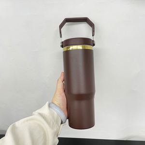 30oz Mirror Gold Plated Underneath Chocolate <b>Flip</b> <b>Top</b> Straw Stainless Steel Tumbler Water <b>Bottle</b> <b>With</b> Handle for Laser Engraved - Product Image 2