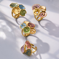 Anillo Ancho de Acero Inoxidable con Esmalte de Hoja de Loto para Mujer, Joyería Bohemia Natural Verde Colorida, Regalo para Ella, Uso Diario