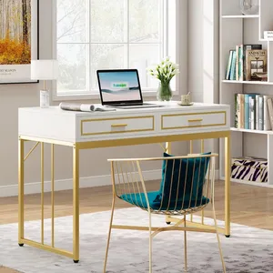 Design moderne et élégant, cette coiffeuse en or et blanc, en panneau MDF de qualité supérieure et avec un cadre en tube d'acier inoxydable. - Product Image 3