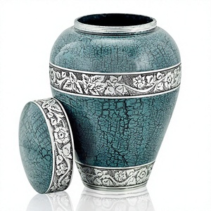Urn Round Crackled <b>Teal</b> Floral Embossed Handmade Sympathy Decorative <b>Vase</b> Traditional Classic Style - Product Image 1