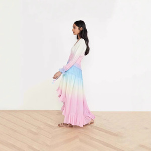 Women's Gradient Long Sleeve Deep V Neck <b>Dress</b> <b>Elastic</b> Waist Breathable Casual Leisure Skirt Fashion <b>Dress</b> - Product Image 3