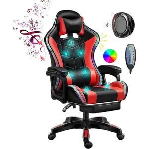 Chaise de jeu à Vibration LED avec haut-parleurs bluetooth, chaise d'ordinateur inclinable, ergonomique, vidéo rvb, chaise de jeu à LED avec repose-pieds
